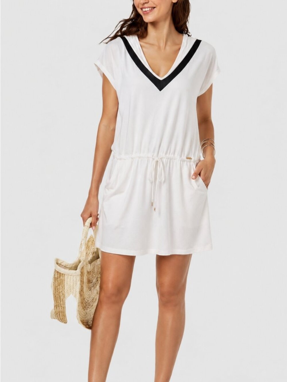 Calvin Klein Swimwear Dress Women S/M Hoodie White Mesh Detail Black Drawstring